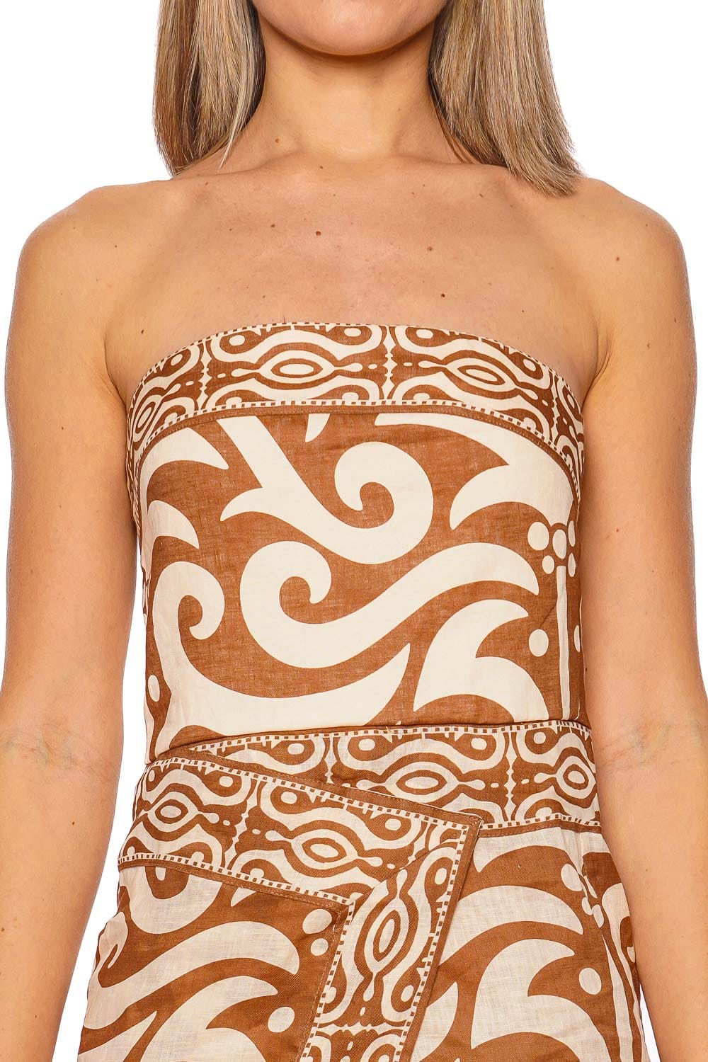 Johanna Ortiz Raíz Ritual Camel Ecru Strapless Mini Dress