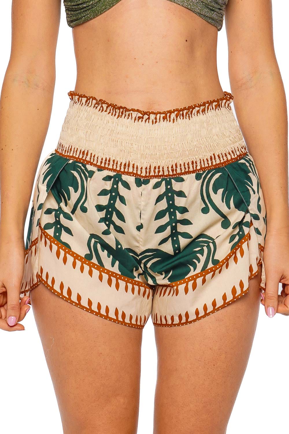 Johanna Ortiz Linka Ecru Green High-Waisted Printed Shorts