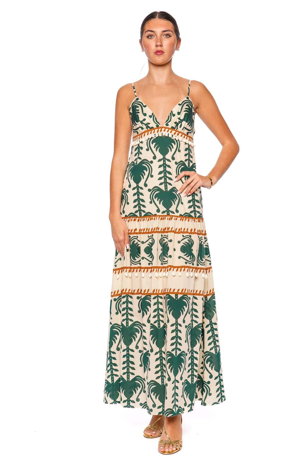 Johanna Ortiz Keeper Ecru and Green Printed Maxi Dress with Spaghetti Straps