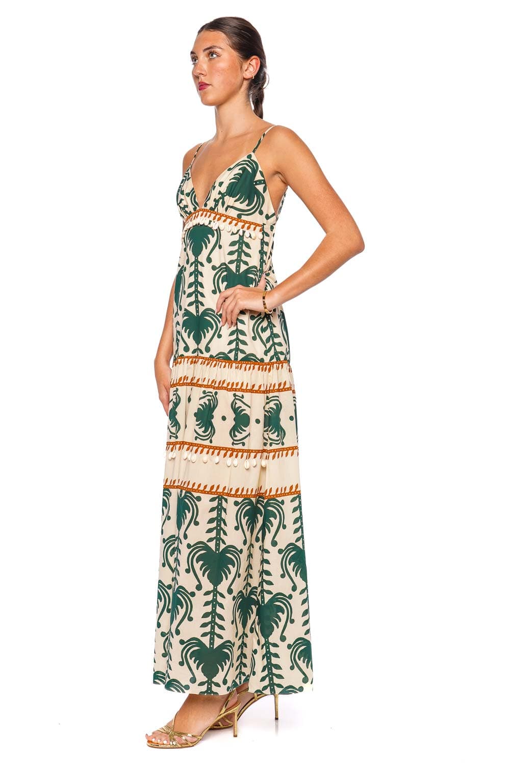 Johanna Ortiz Keeper Ecru and Green Printed Maxi Dress with Spaghetti Straps