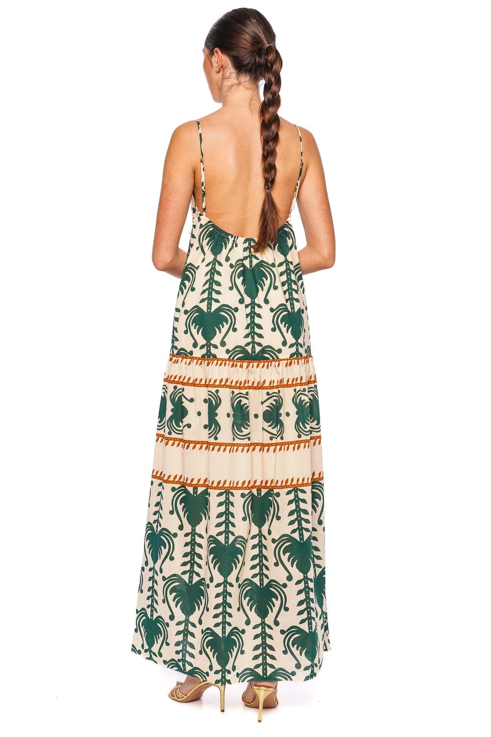 Johanna Ortiz Keeper Ecru and Green Printed Maxi Dress with Spaghetti Straps