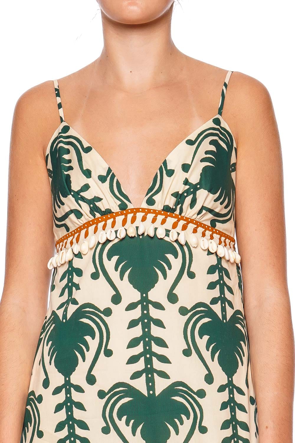 Johanna Ortiz Keeper Ecru and Green Printed Maxi Dress with Spaghetti Straps