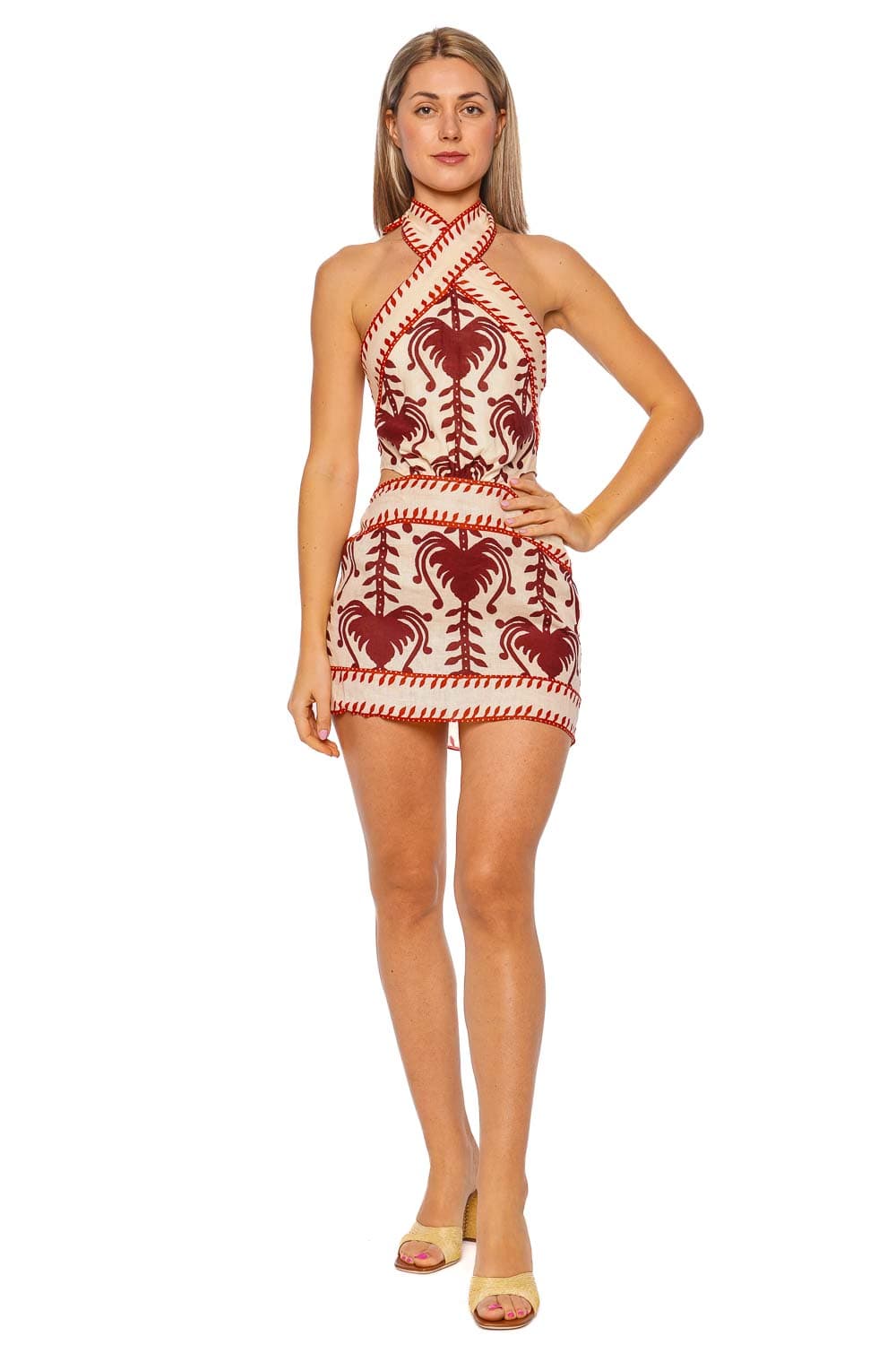 Johanna Ortiz Ecru Marsala Halterneck Mini Dress
