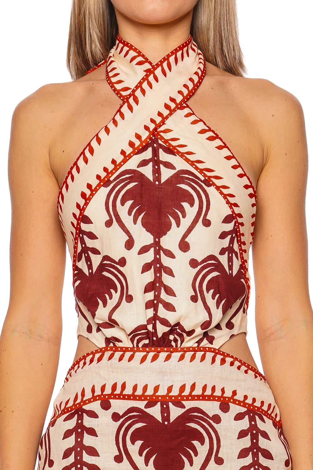 Johanna Ortiz Ecru Marsala Halterneck Mini Dress