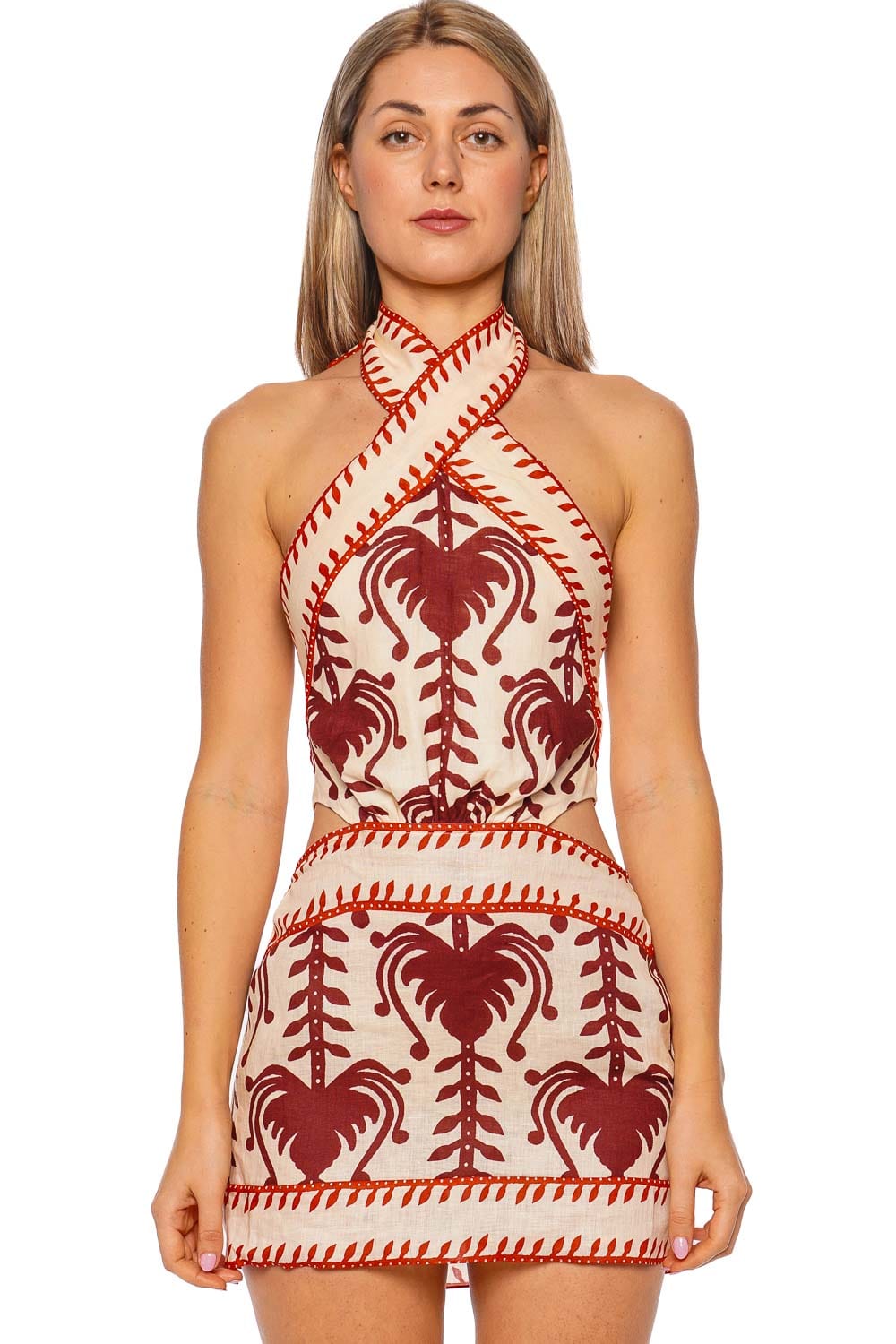 Johanna Ortiz Ecru Marsala Halterneck Mini Dress