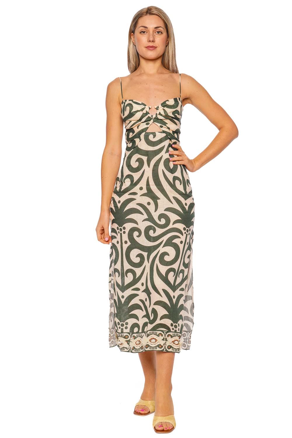 Johanna Ortiz Ecru Green Spaghetti Strap Midi Dress