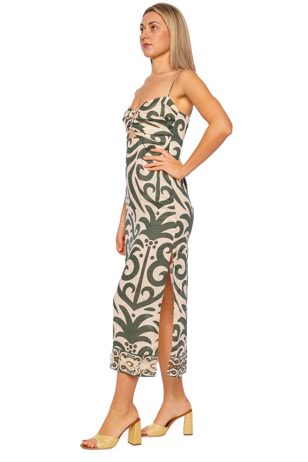 Johanna Ortiz Ecru Green Spaghetti Strap Midi Dress