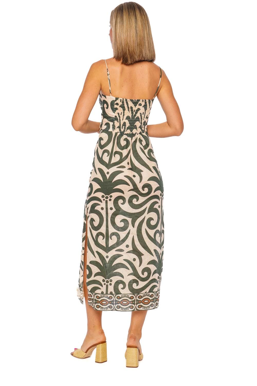 Johanna Ortiz Ecru Green Spaghetti Strap Midi Dress