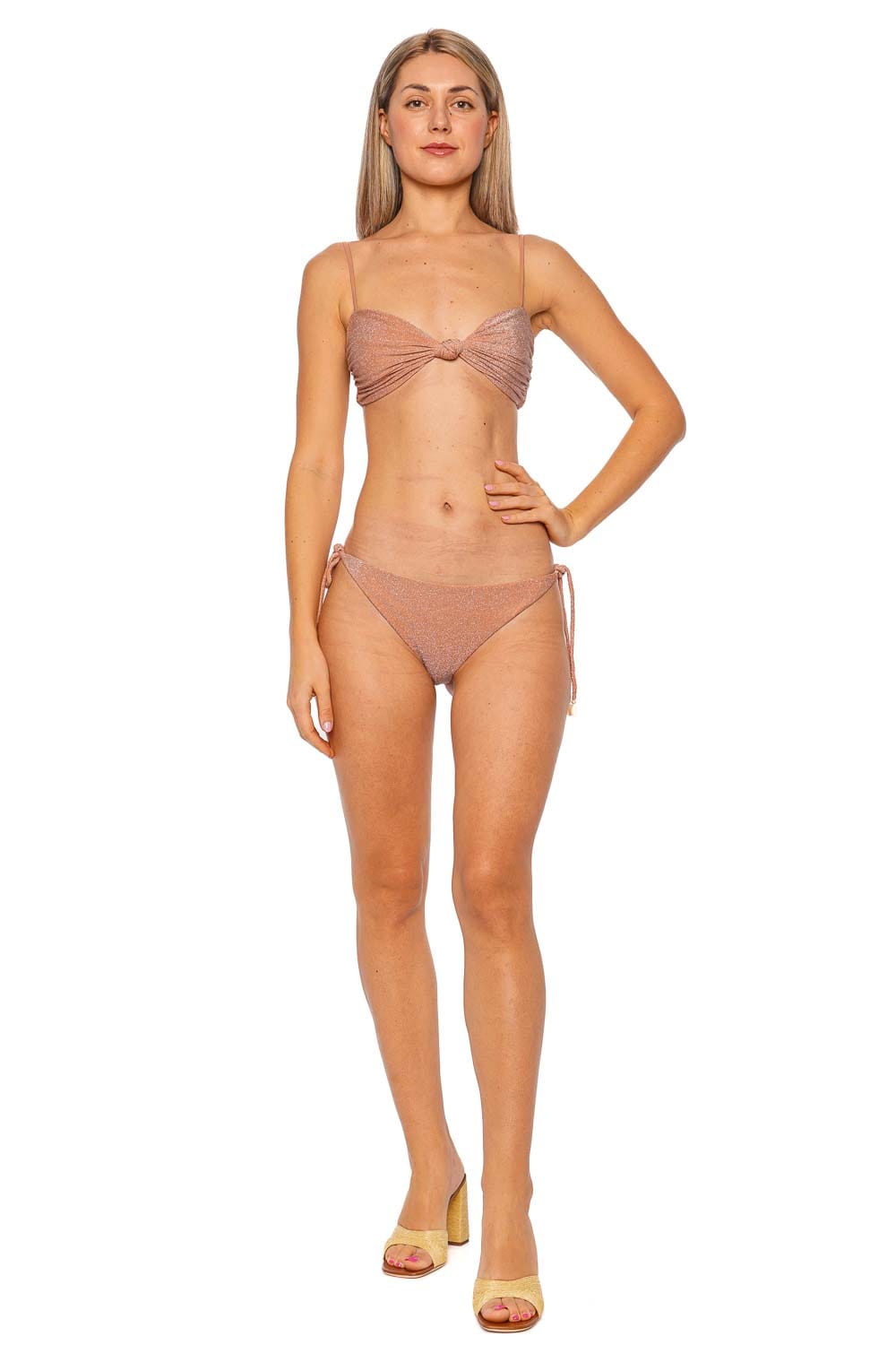 Johanna Ortiz Shimmering Peach Sagrado Bikini Bottom with Side Tie Design