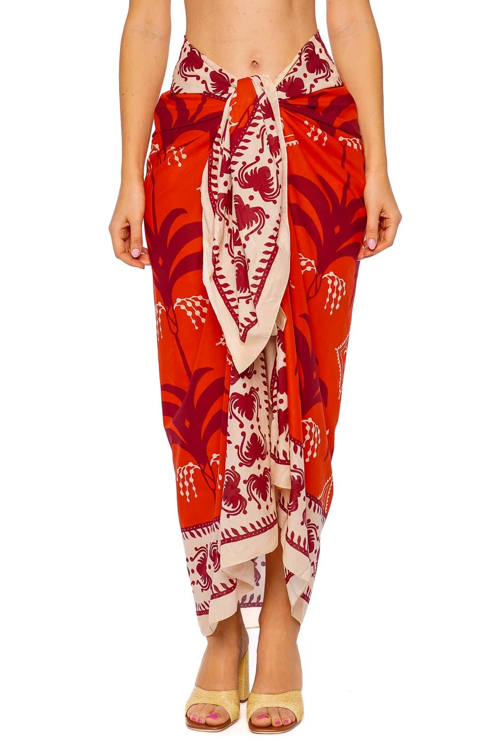 Johanna Ortiz Red Ecru Dark Cherry Printed Pareo Skirt