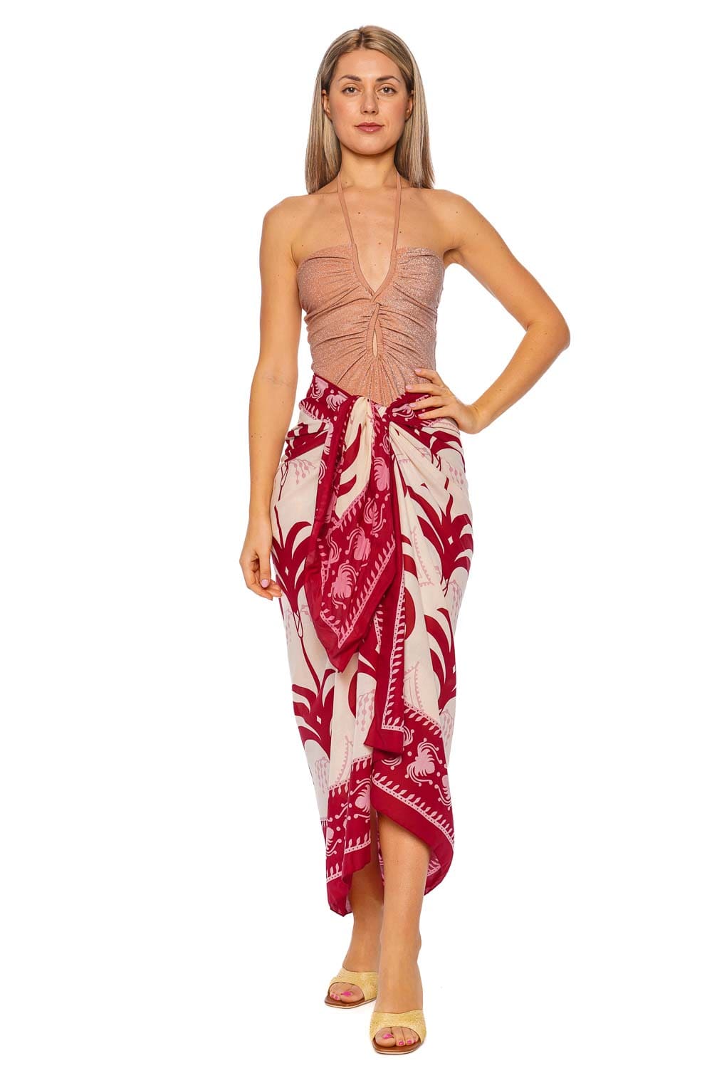 Johanna Ortiz Ecru and Dark Cherry Pareo Wrap Skirt