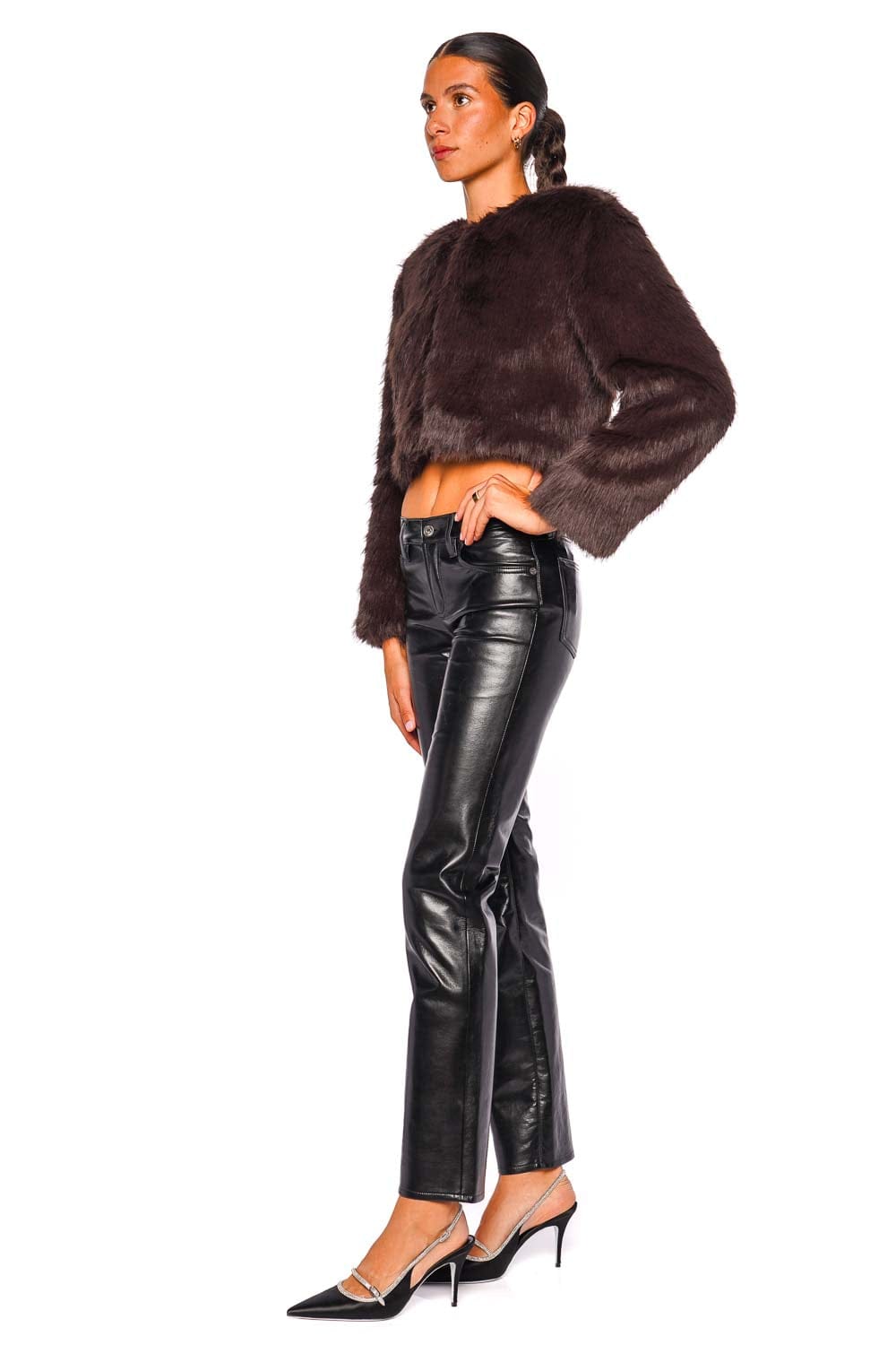 Staud Casimira Earth Long Sleeve Cropped Faux Fur Jacket