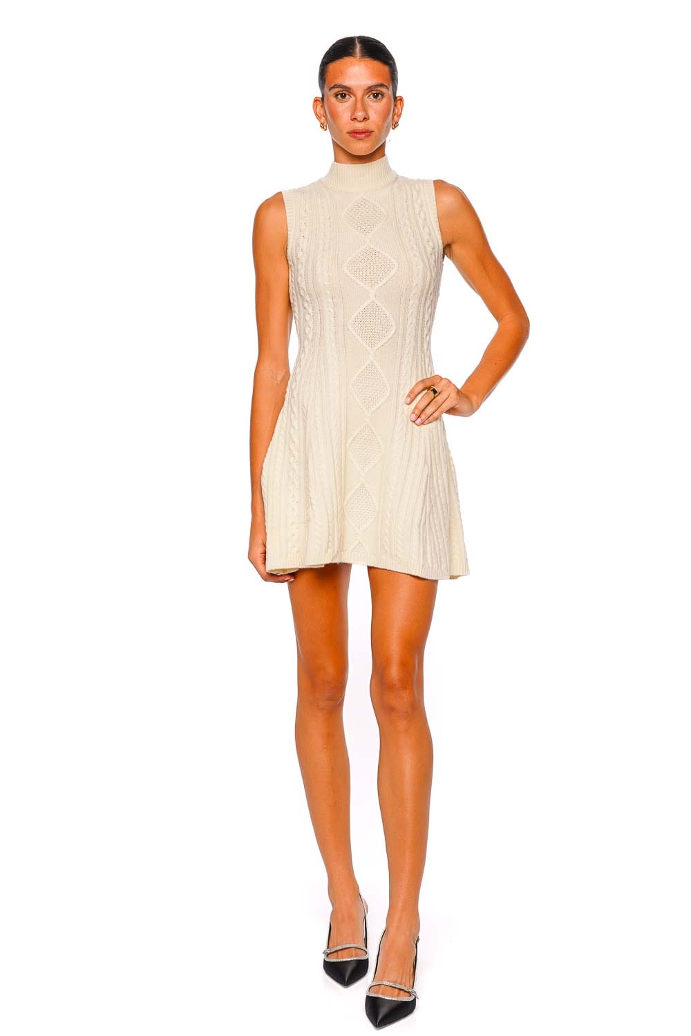 Staud Charade Ivory Sleeveless Cable Knit Sweater Dress