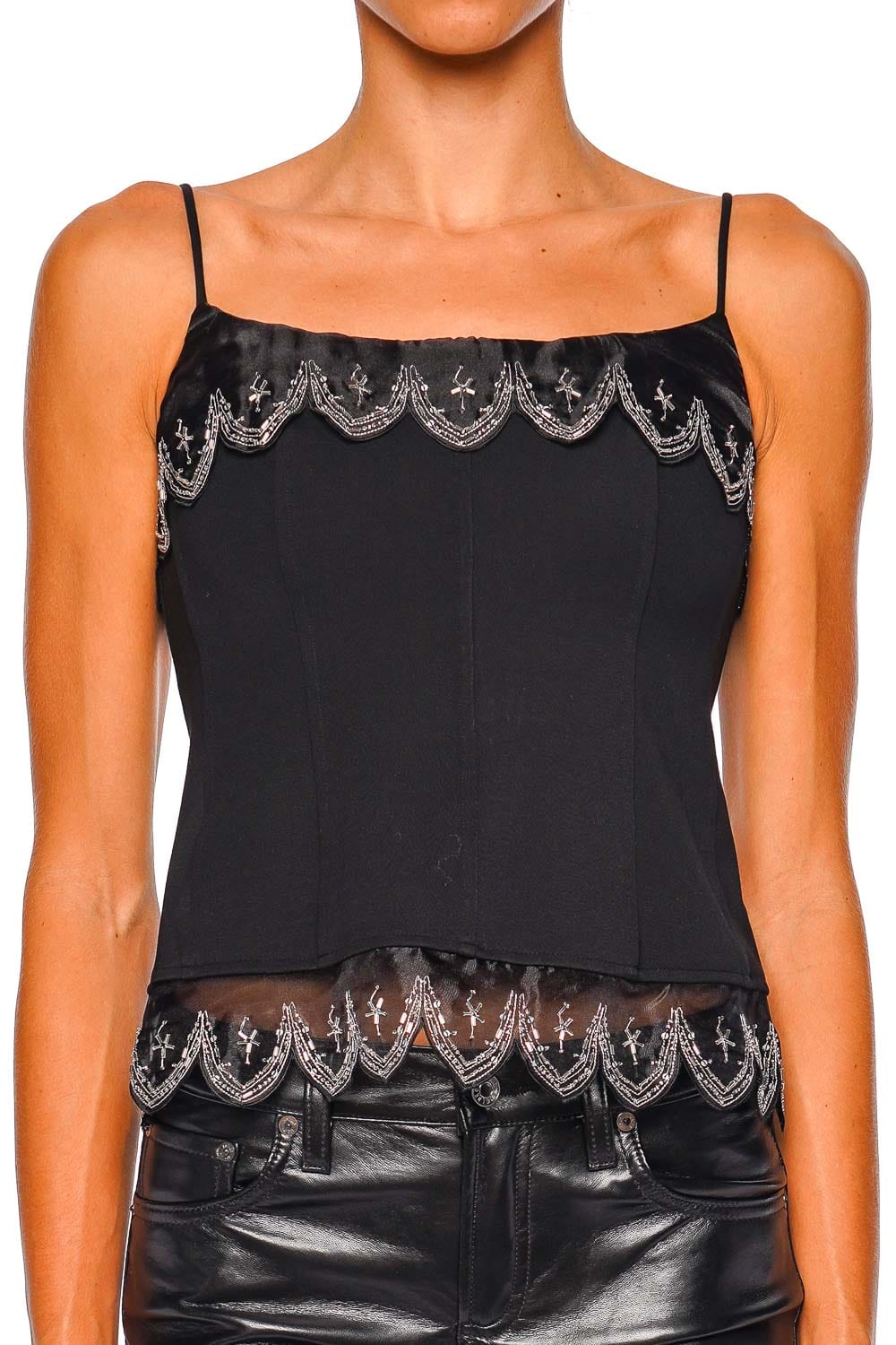 Staud Colette Black Embroidered Lace Trim Spaghetti Strap Top
