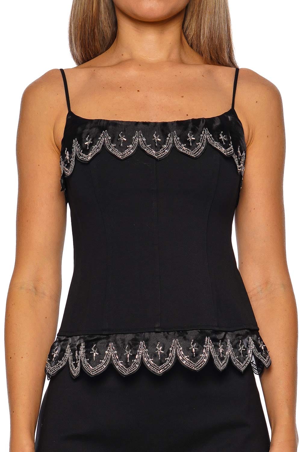 Staud Colette Black Embellished Scallop Top