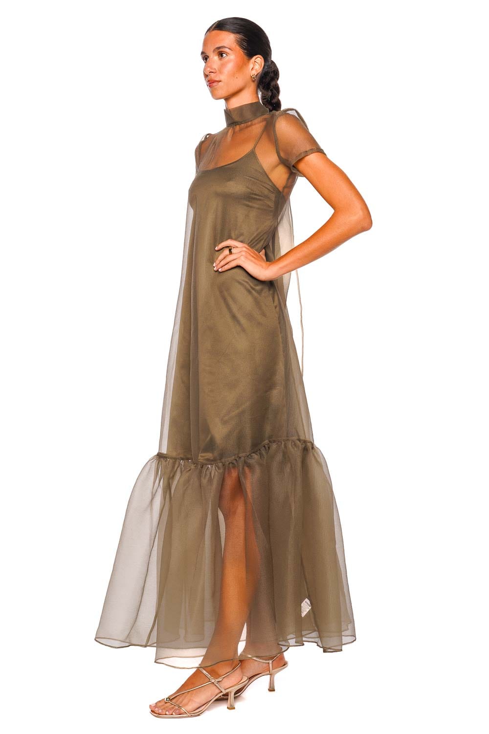 Staud Calluna Thyme Sheer Maxi Dress with Short Sleeves