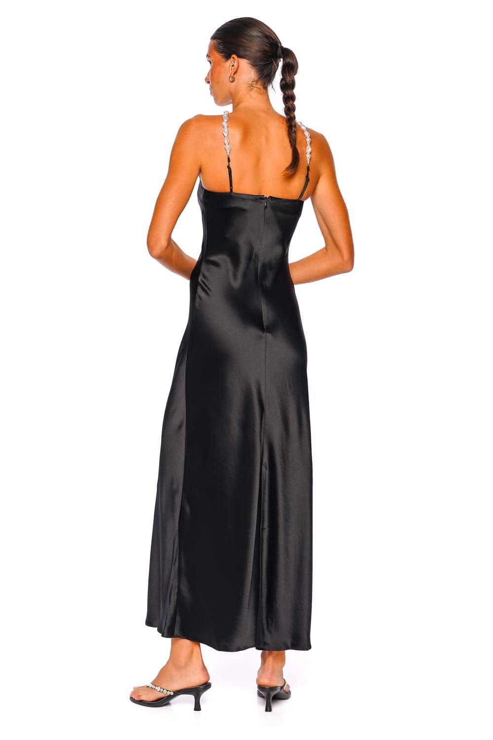Staud Cadence Black Satin Halter Dress