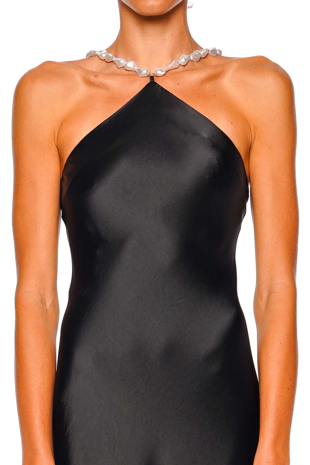 Cadence Black Satin Pearl Halter Maxi Dress Cadence Black Satin Pearl Halter Maxi Dress