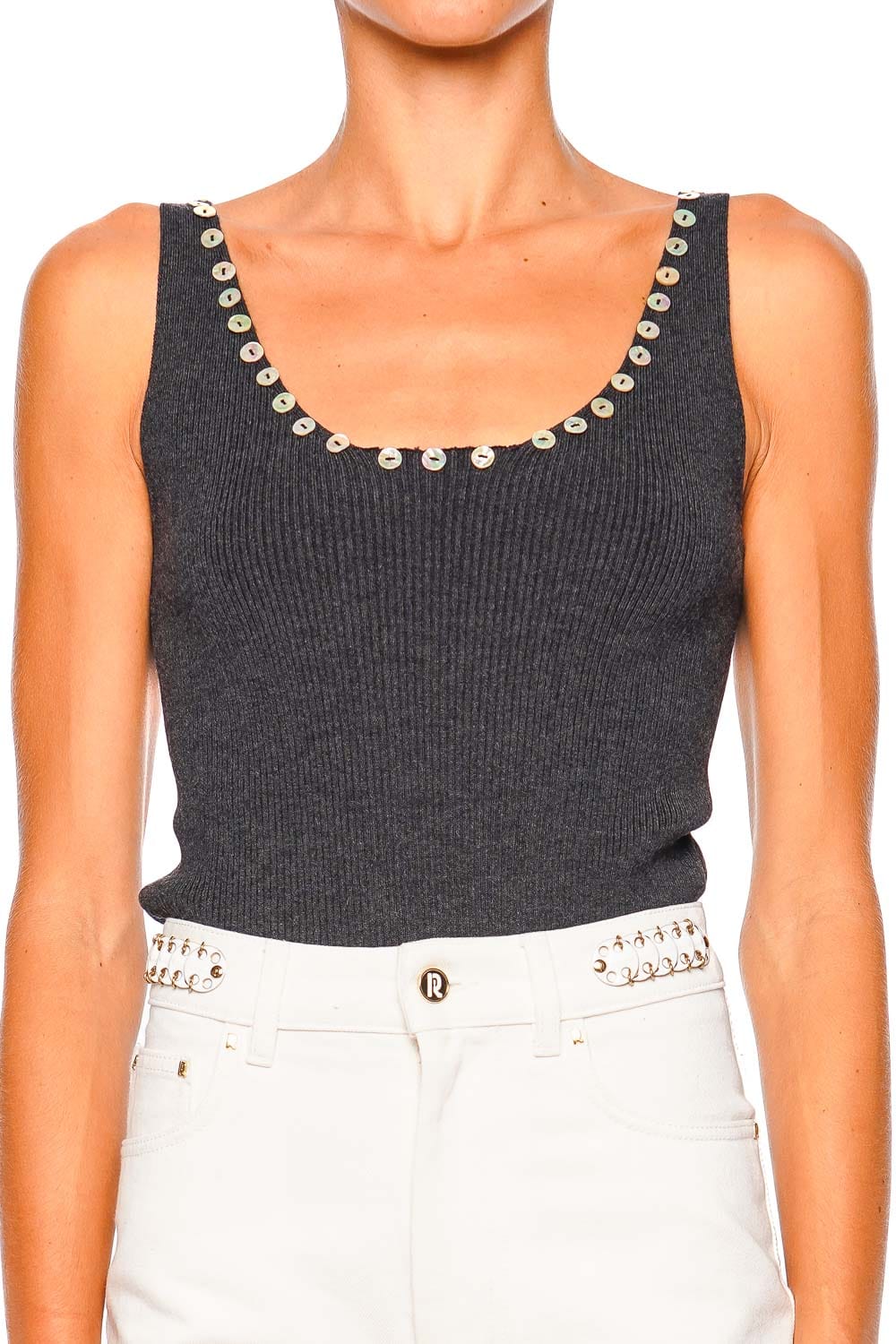 Staud Neva Nocturne Ribbed Tank Top with Embellished Scoop Neck