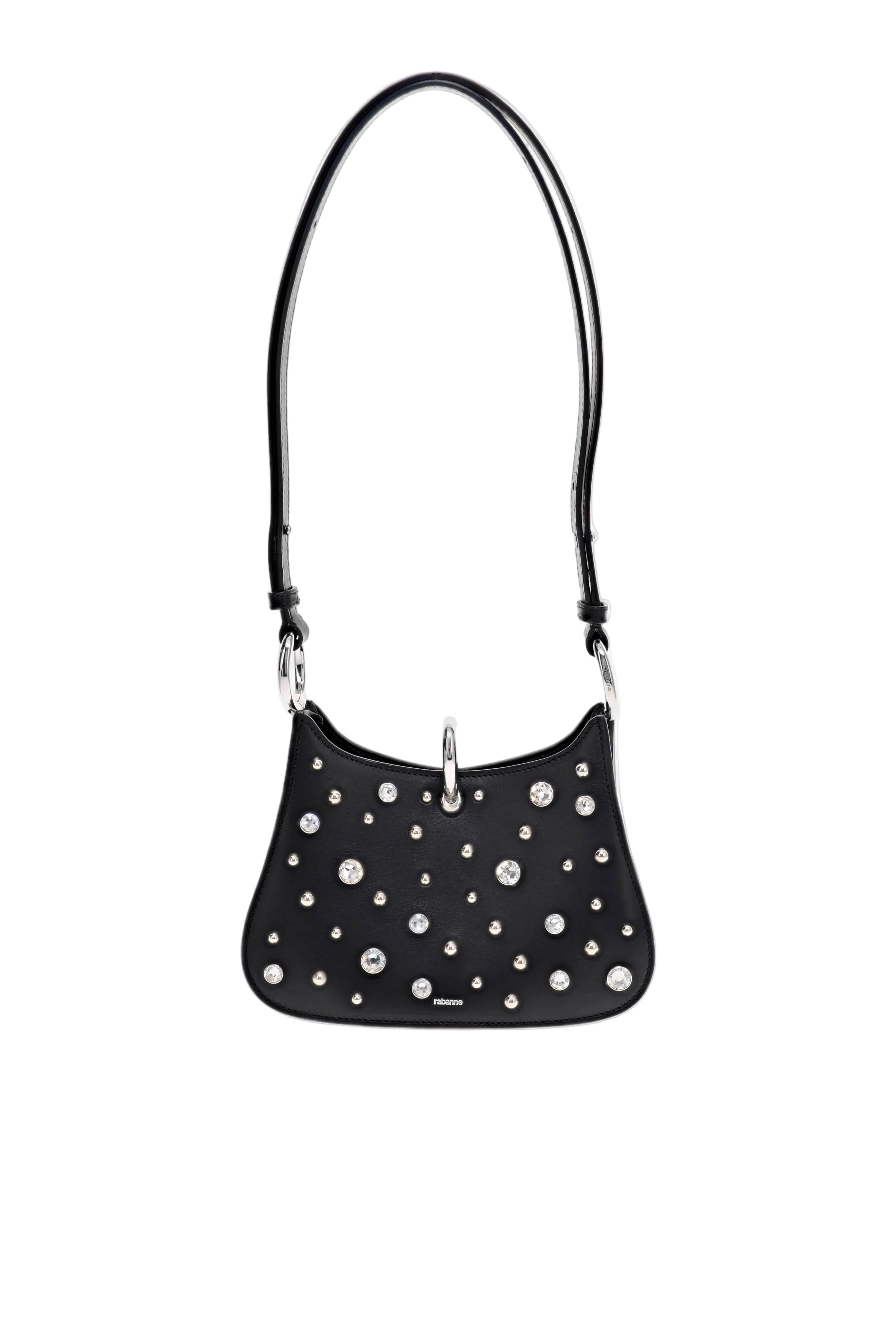 Rabanne Small Ring Embellished Black Leather Shoulder Bag