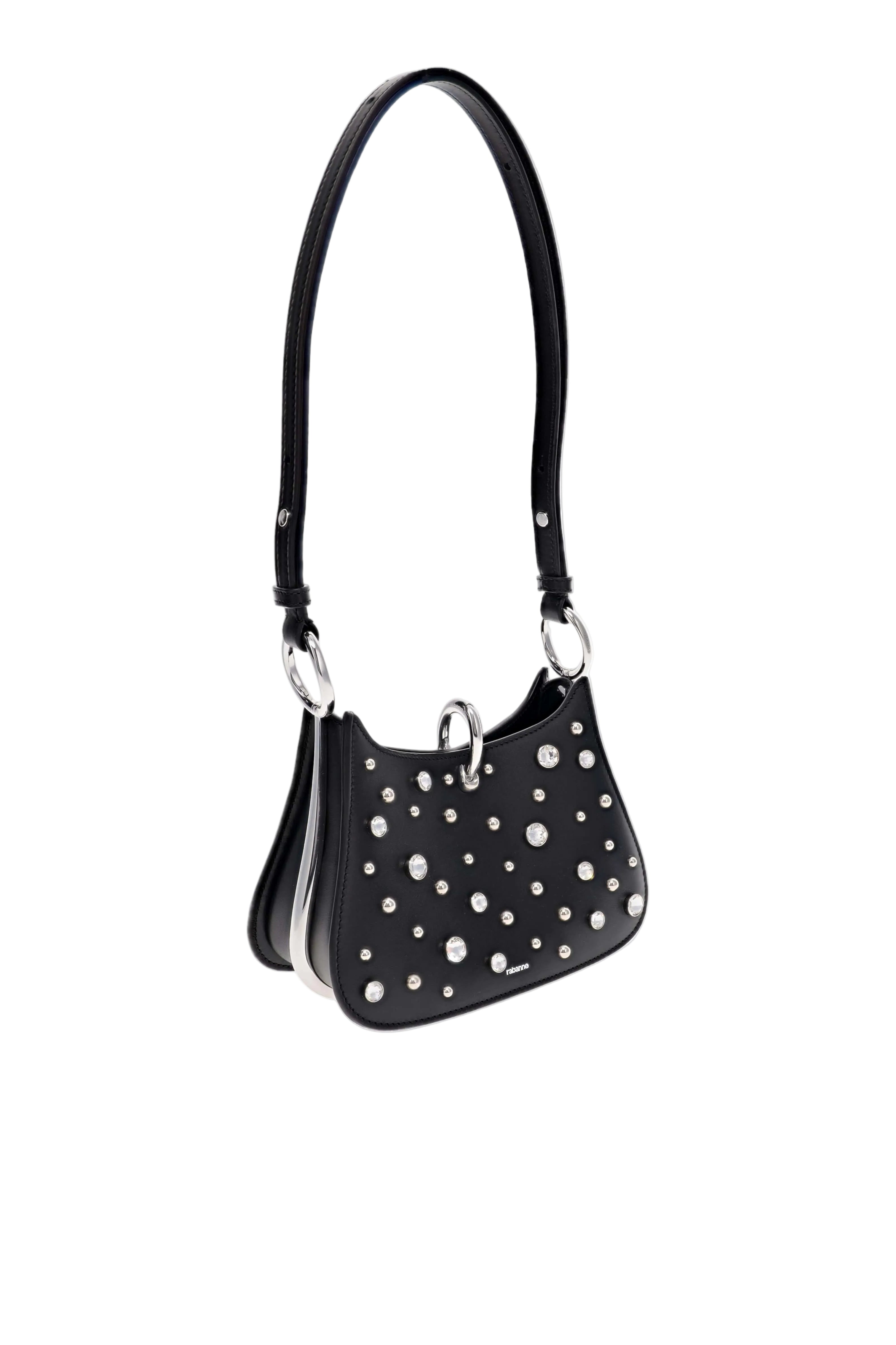 Rabanne Small Ring Embellished Black Leather Shoulder Bag