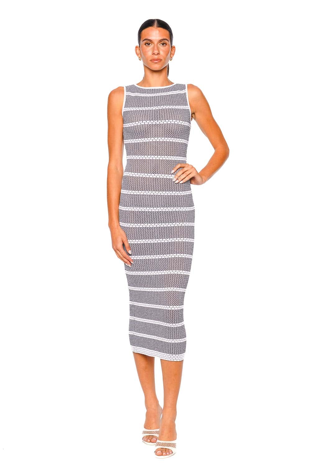VALENTI Gelsomina White Blue Sleeveless Midi Dress