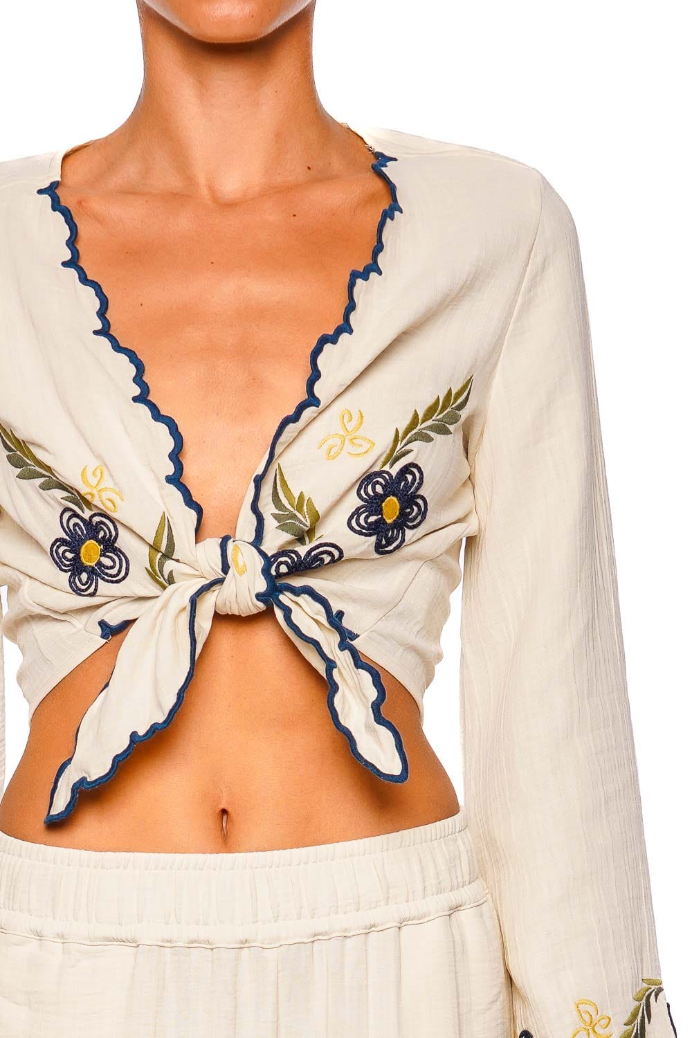 Soleil Fiore Embroidered Tie Front Top