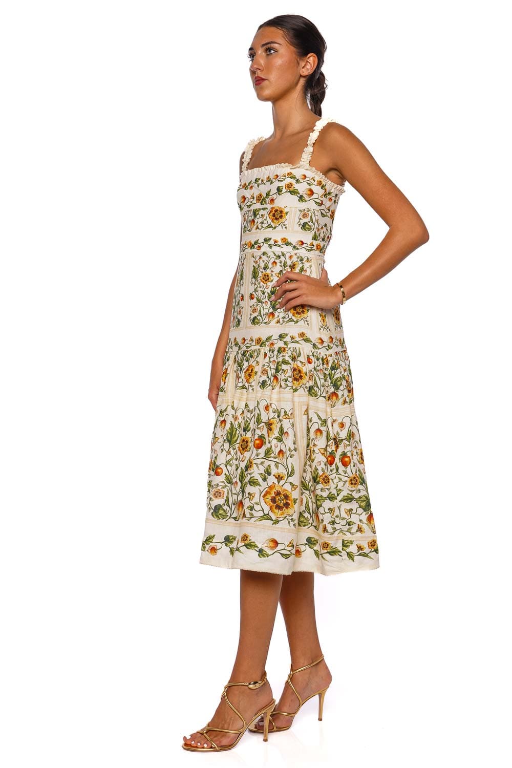 Nispero Uchuva Floral Linen Midi Dress