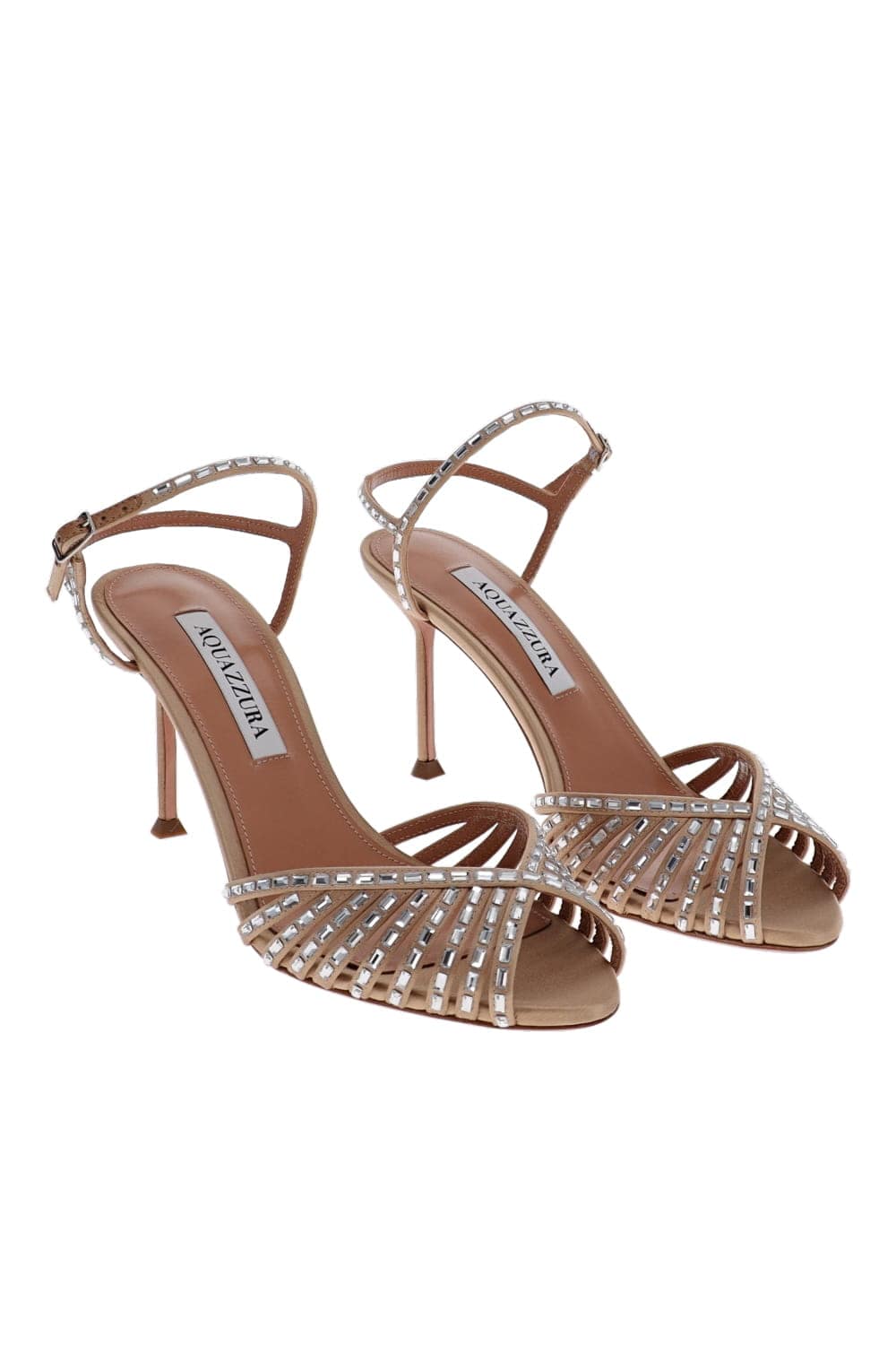 AQUAZZURA Hold Me Crystal 85 Satin Sandal in Warm Nude
