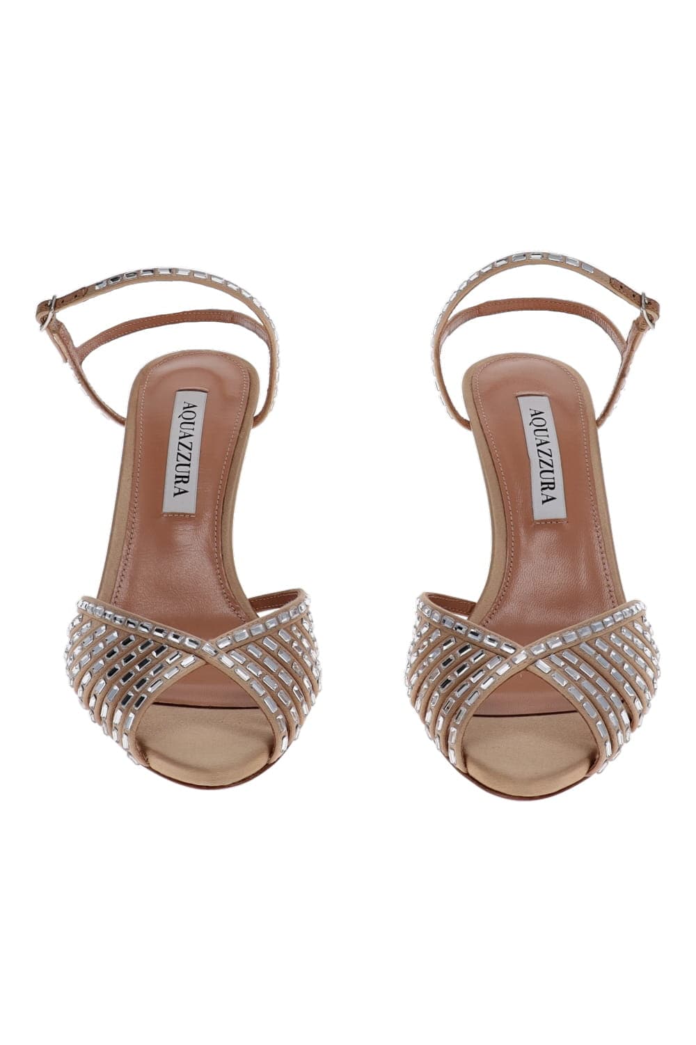AQUAZZURA Hold Me Crystal 85 Satin Sandal in Warm Nude
