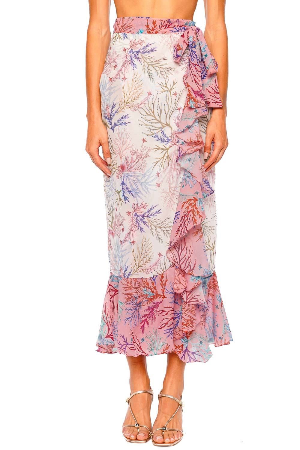 PatBO Seaweed Off-White and Pink Ruffle Wrap Skirt