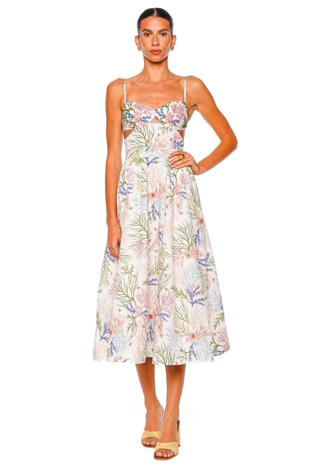 PatBO Off-White Floral Print Sweetheart Midi Dress