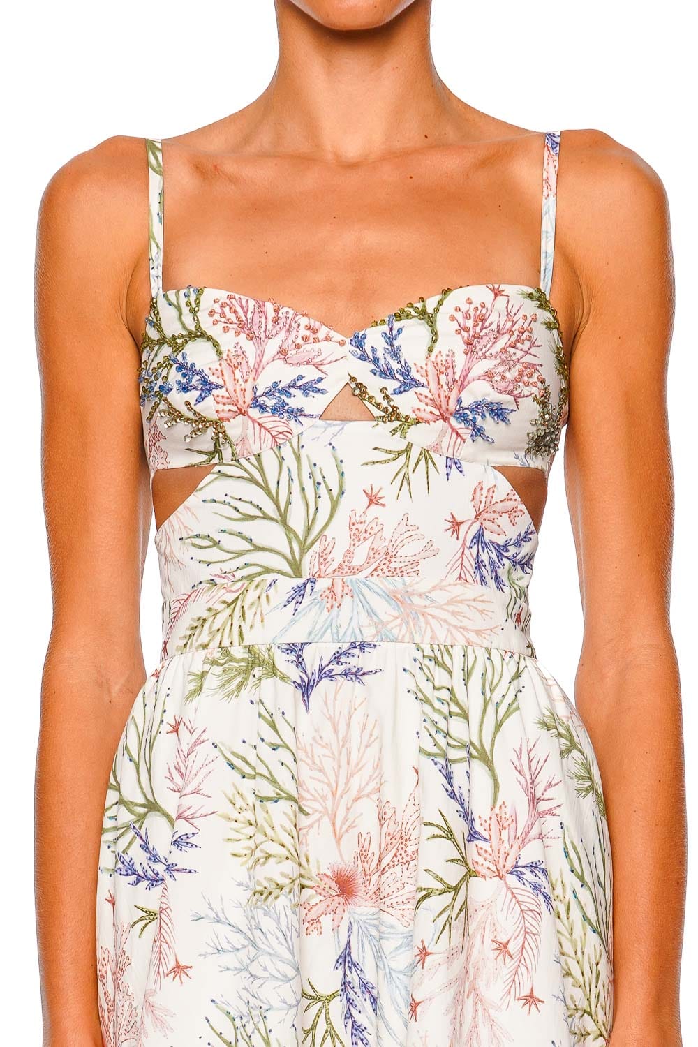 PatBO Off-White Floral Print Sweetheart Midi Dress