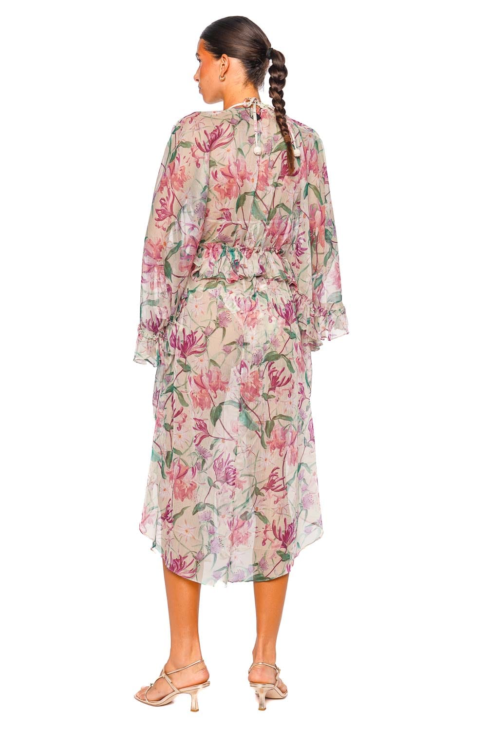 PatBO Honey Flower Green Long Robe with Billowy Sleeves