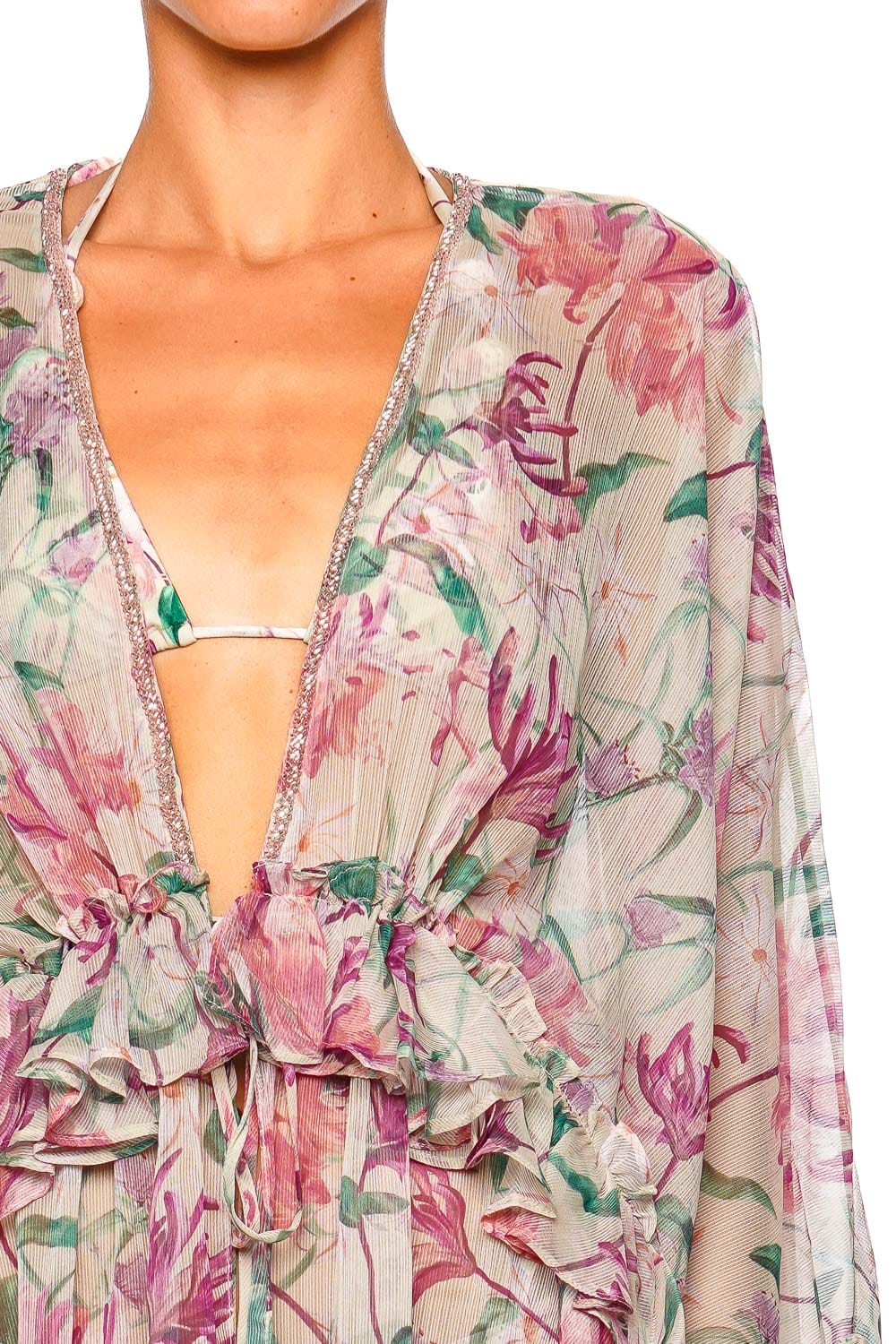 PatBO Honey Flower Green Long Robe with Billowy Sleeves