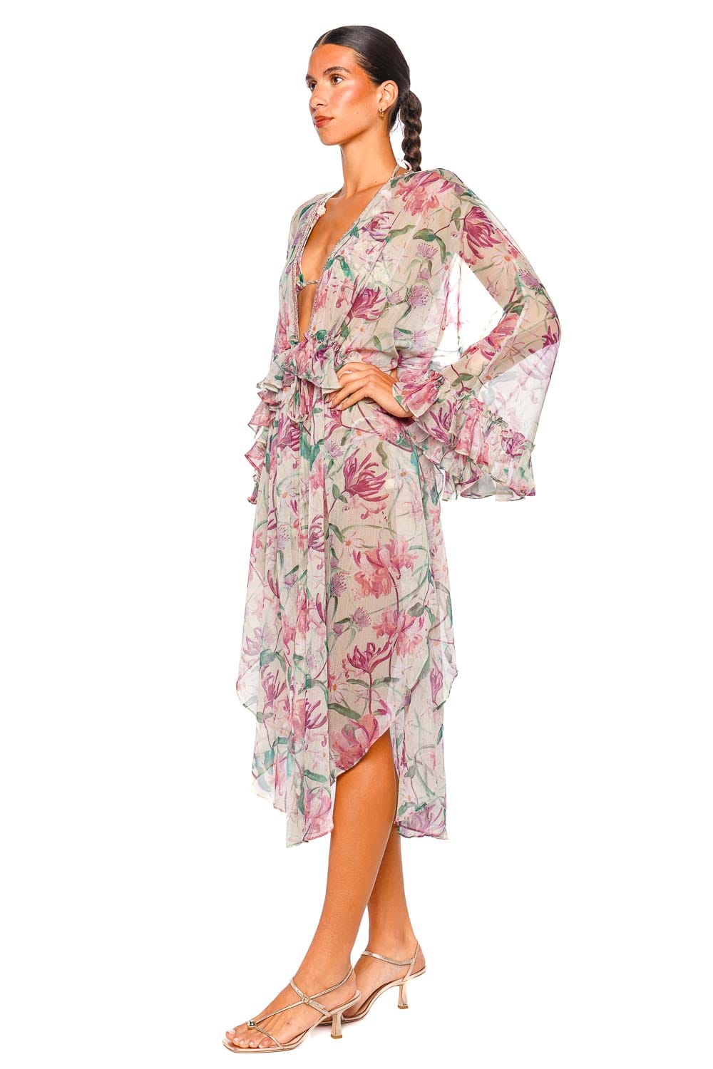 PatBO Honey Flower Green Long Robe with Billowy Sleeves