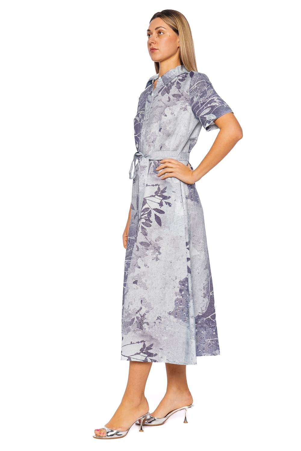 SIMKHAI Audria Sky Floral Belted Short Sleeve Midi Dress