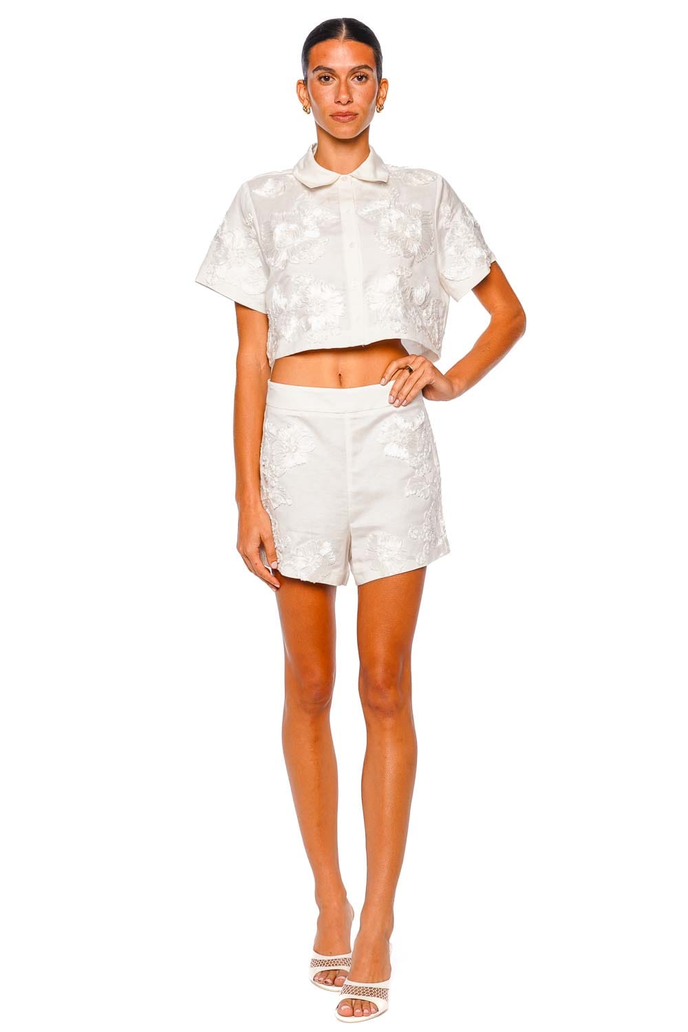 SIMKHAI Callie Ivory Short Sleeve Embroidered Camp Shirt