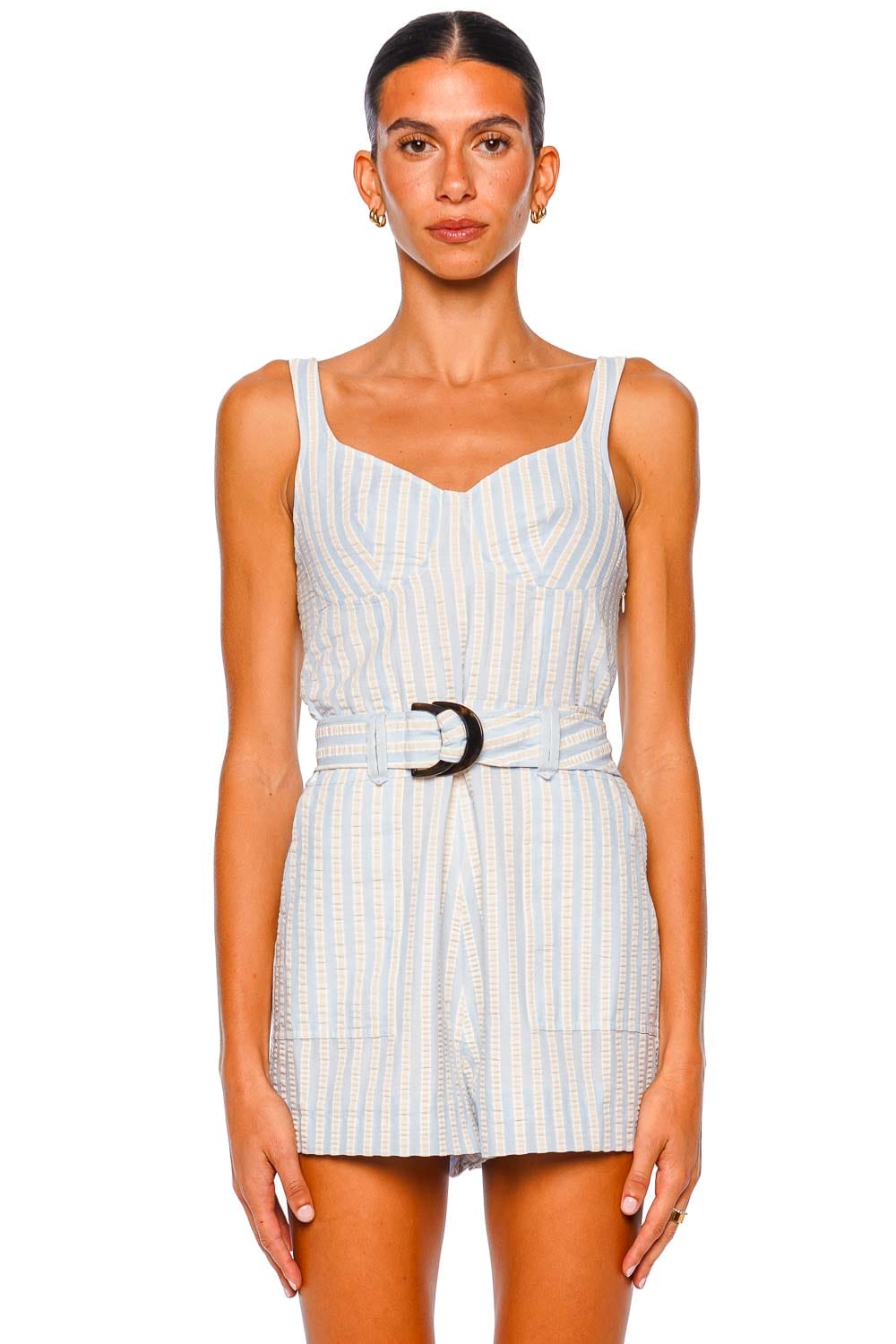 SIMKHAI Kai Hydrangea Blue Stripe Bustier Romper with Straps