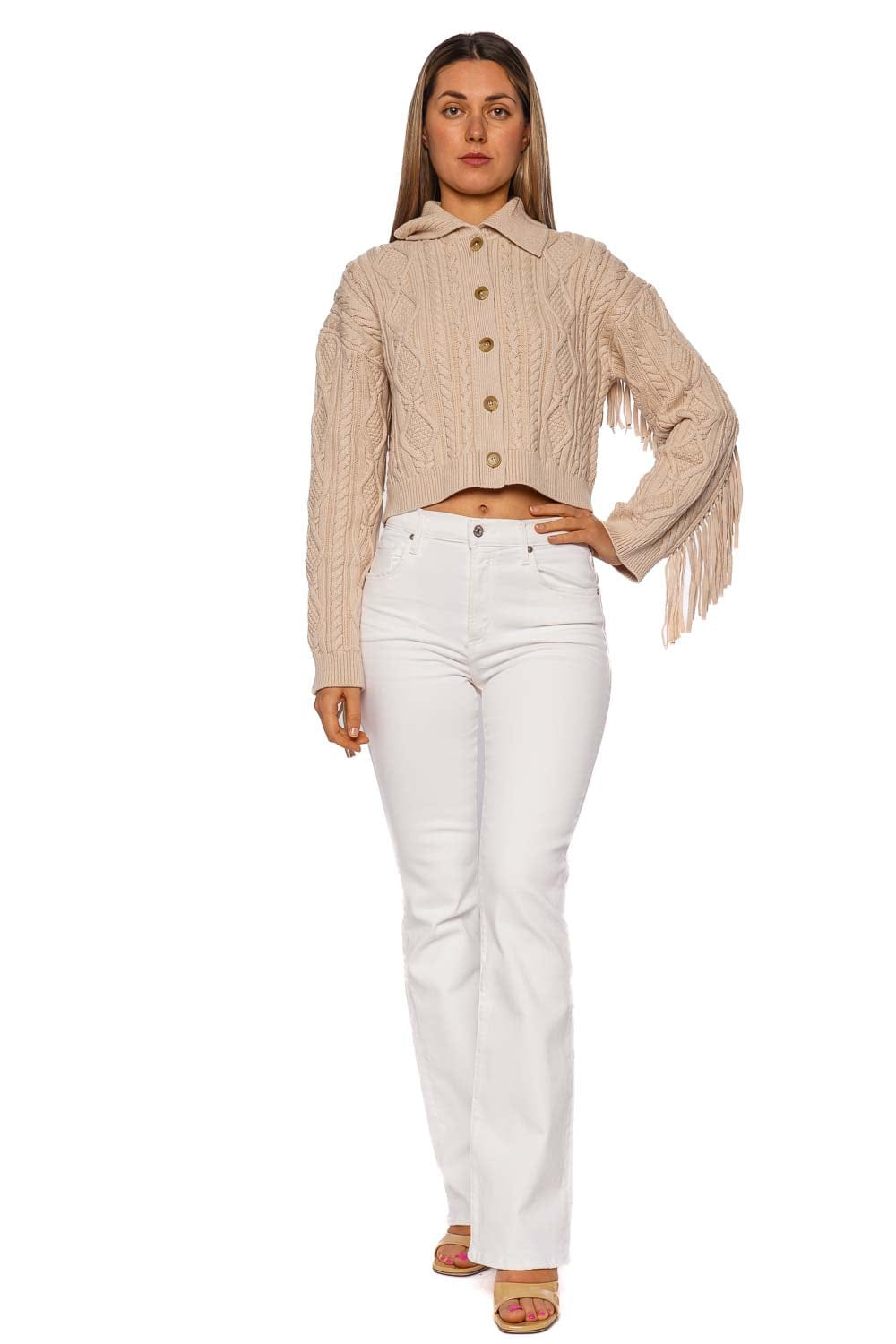 SIMKHAI Virginia Sand Fringed Cropped Cardigan