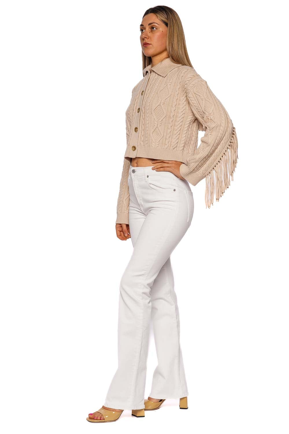 SIMKHAI Virginia Sand Fringed Cropped Cardigan
