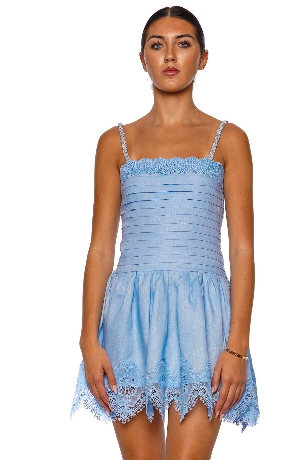 Clara Blue Lace Trim Linen Mini Dress