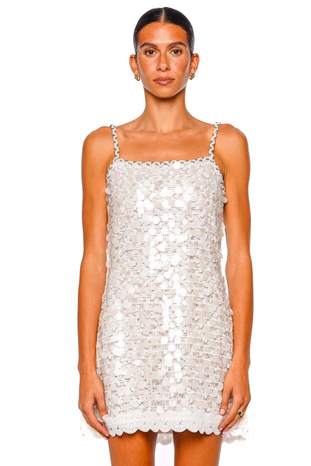Waimari Electra White Sequin Spaghetti Strap Mini Dress