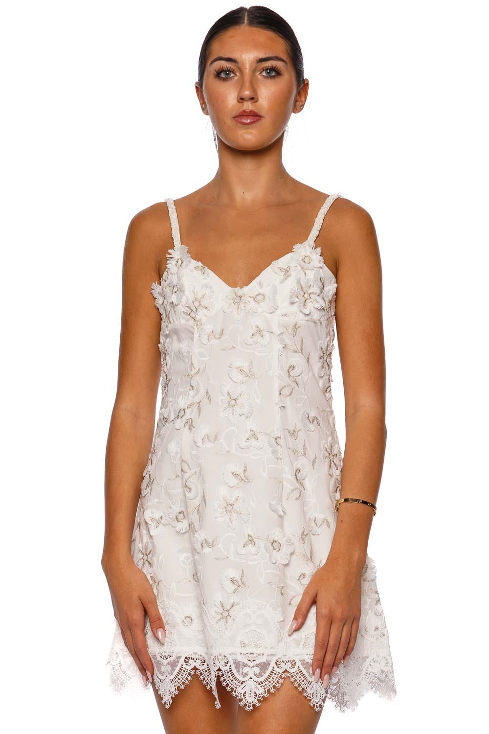 Viole White Floral Lace Trim Mini Dress