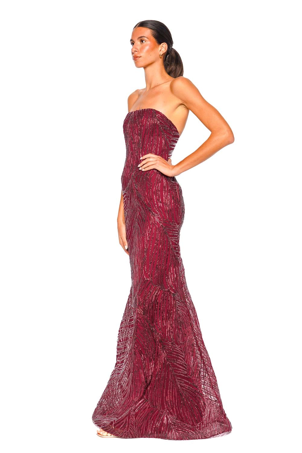 Naeem Khan Bordeaux Strapless Raffia Fit & Flare Gown
