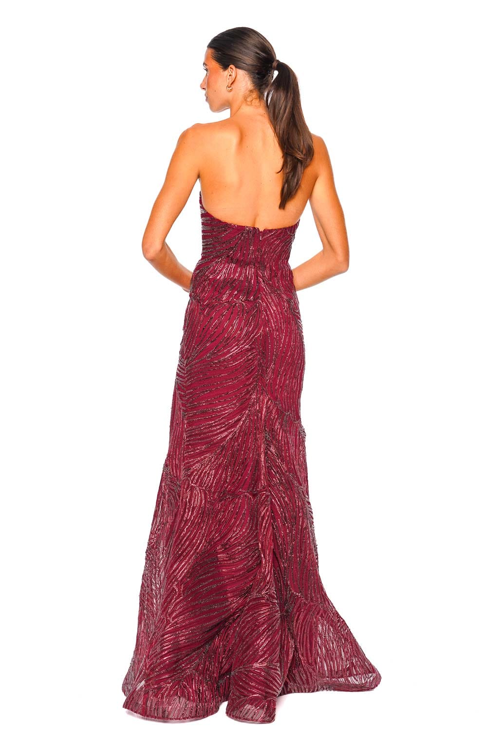 Naeem Khan Bordeaux Strapless Raffia Fit & Flare Gown