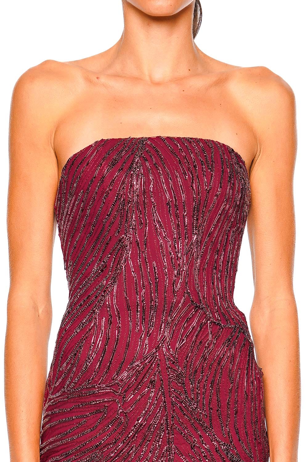 Naeem Khan Bordeaux Strapless Raffia Fit & Flare Gown