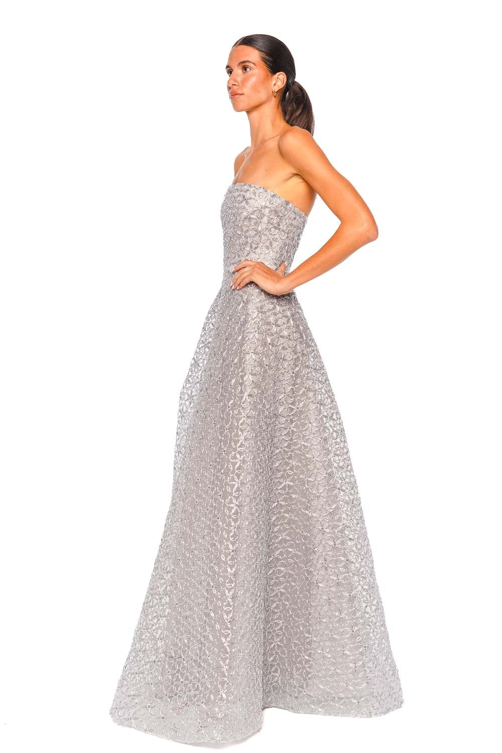 Naeem Khan Raffia Silver Strapless Gown