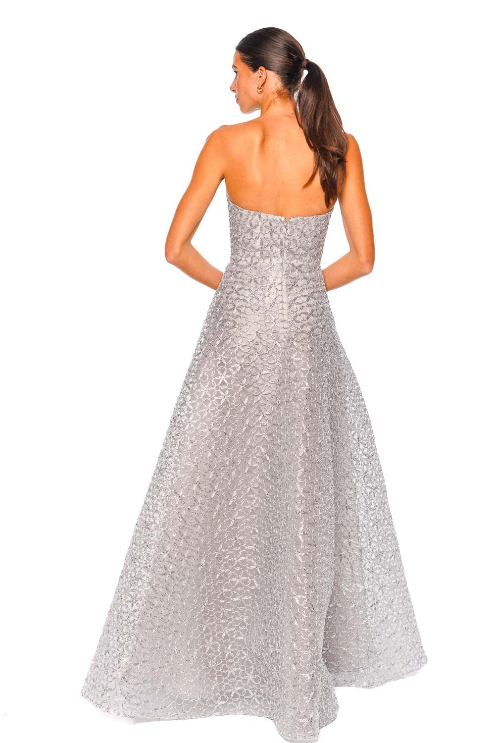 Naeem Khan Raffia Silver Strapless Gown