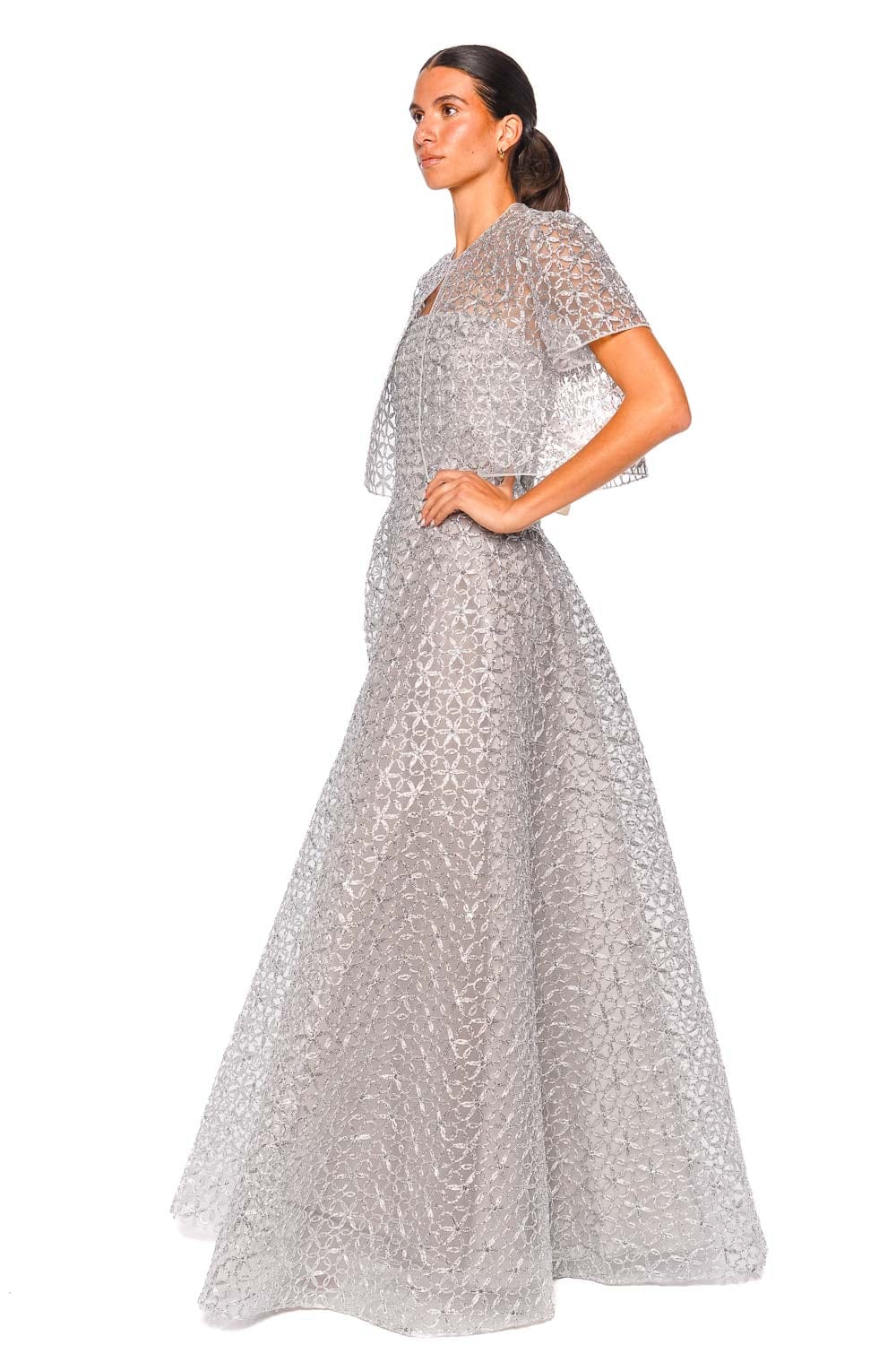 Silver Floral Raffia Embroidered Short Sleeve Bolero